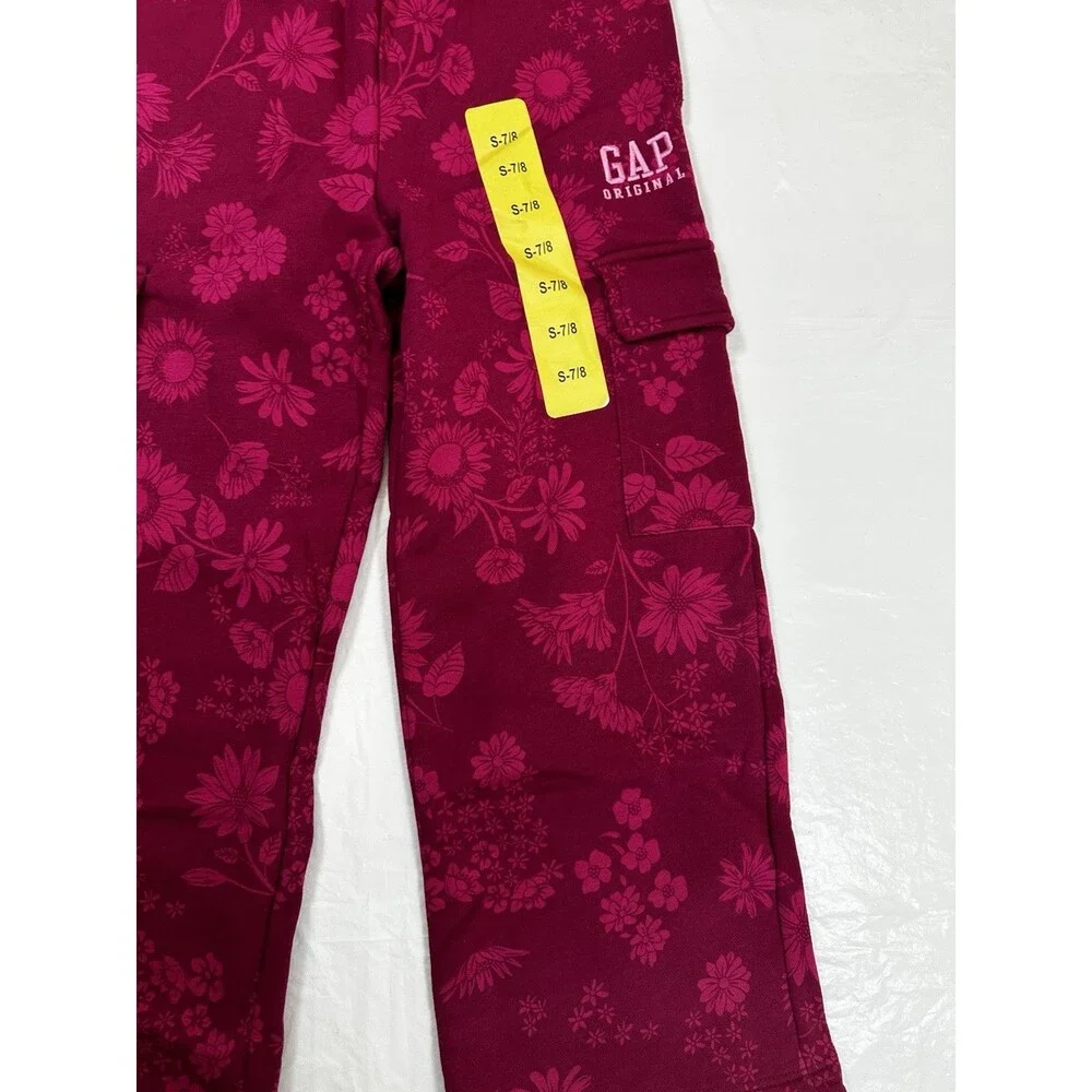 Gap Kids Girls Berry Pink Floral Fleece Cargo Pants Wide Leg Youth Size S 7/8